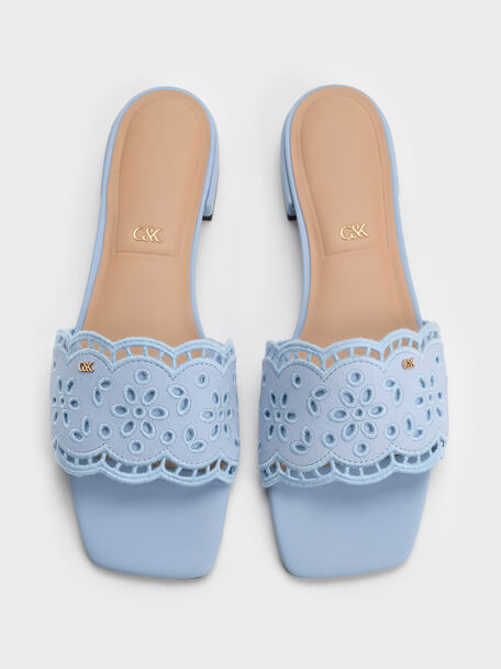 Leather Embroidered Slide Sandals, Light Blue, hi-res