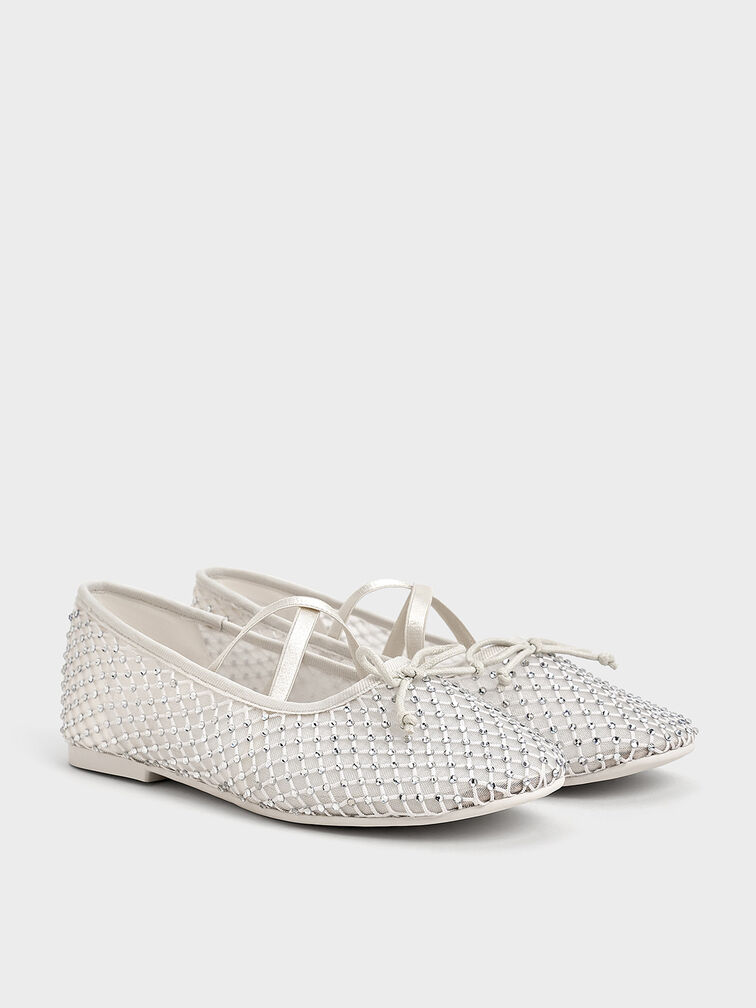Girls' Mesh Crystal-Embellished Crossover-Strap Ballet Flats, White, hi-res