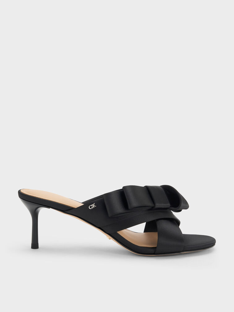 Pleated-Bow Heeled Mules, Black Textured, hi-res