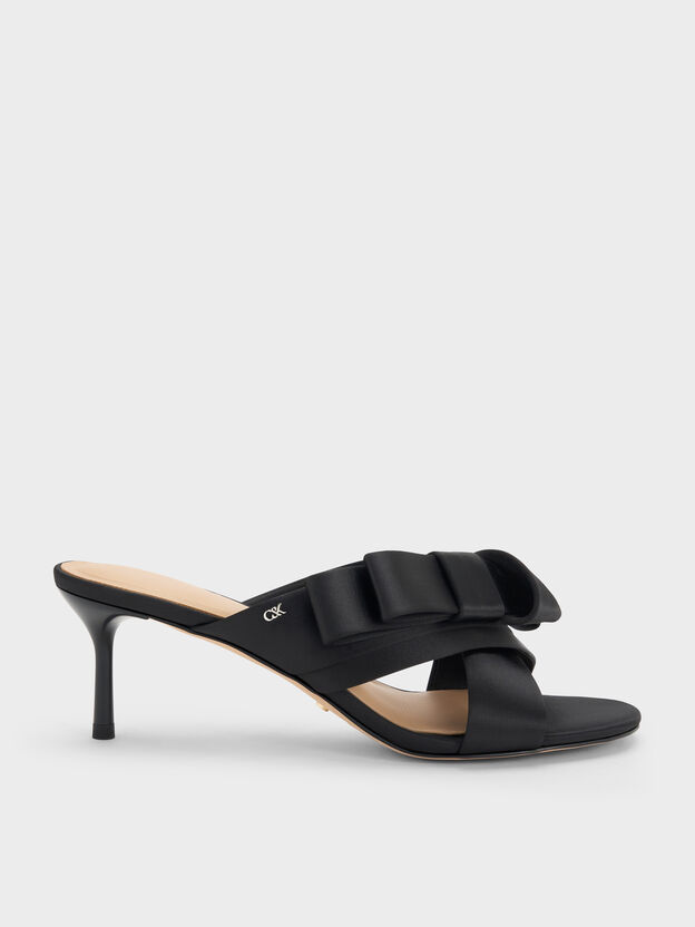 Pleated-Bow Heeled Mules, Black Textured, hi-res