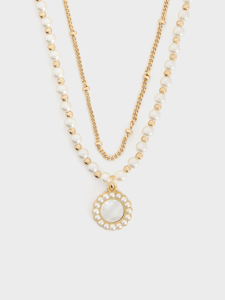 Pearl & Gemstone Double-Chain Necklace, White, hi-res