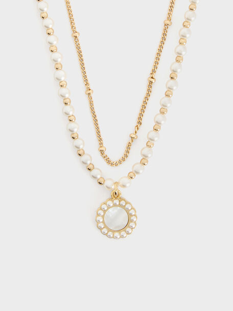 Pearl & Gemstone Double-Chain Necklace, White, hi-res