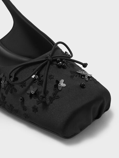 Sadira Satin Embroidered Sequinned Slingback Pumps, Black Textured, hi-res