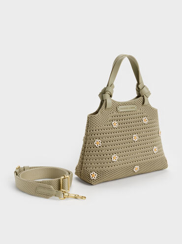 Mini Ida Flower Knitted Tote Bag, Pale Olive, hi-res