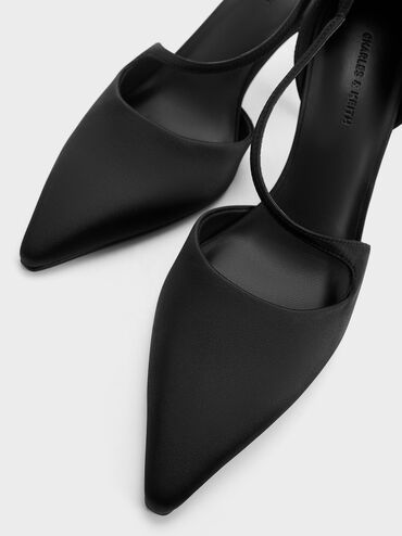Satin Asymmetric-Strap D’Orsay Stiletto Pumps, Black Textured, hi-res
