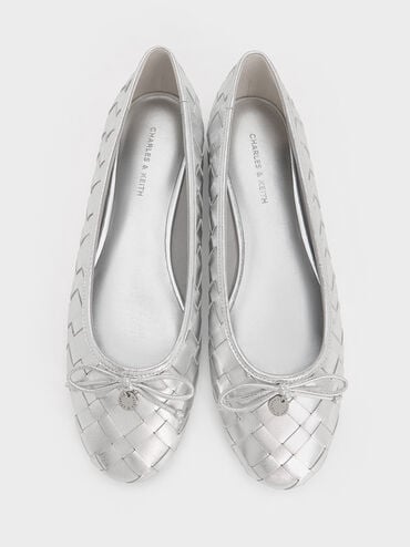 Ivette Metallic Woven Bow Ballet Flats, Silver, hi-res