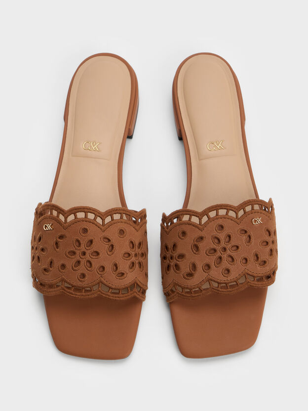 Leather Embroidered Slide Sandals, Cognac, hi-res