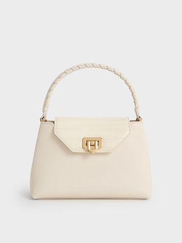 Arwen Croc-Effect Braided-Strap Top Handle Bag, Cream, hi-res