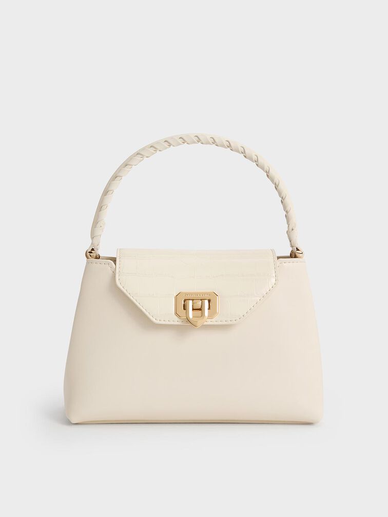 Arwen Croc-Effect Braided-Strap Top Handle Bag, Cream, hi-res