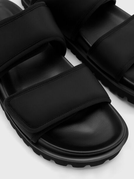 Nylon Double-Strap Flatform Sandals, Black Textured, hi-res