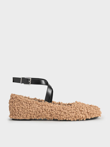 Margot Furry Crossover-Strap Ballet Flats, Camel, hi-res