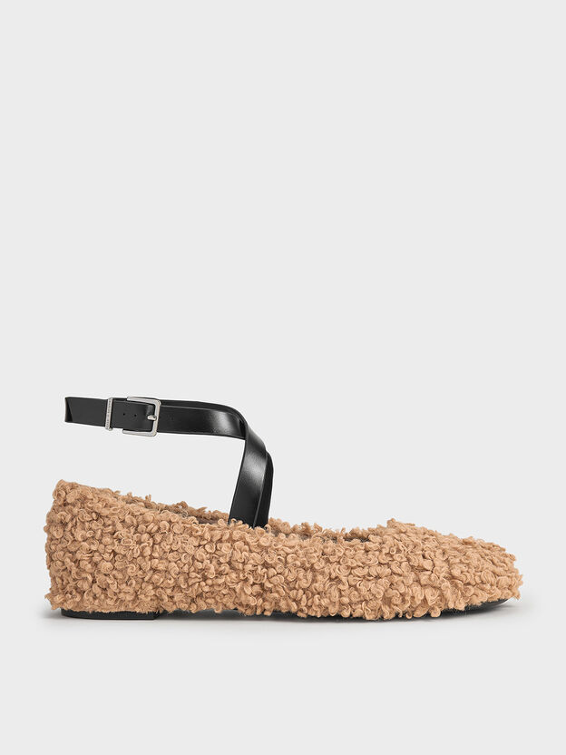 Margot Furry Crossover-Strap Ballet Flats, Camel, hi-res