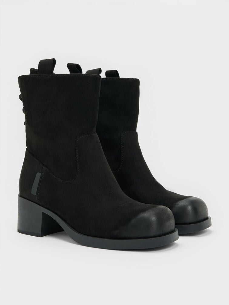 Rosamond Faux Suede Back-Lace Calf Boots, Black Textured, hi-res