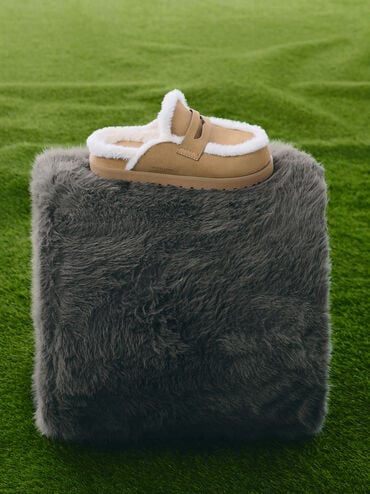 Recycled-Fur Flatform Mules, Sand, hi-res