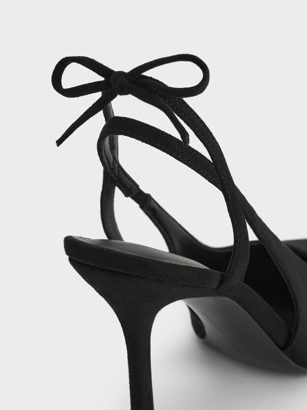 Faux Suede Back-Bow Slingback Pumps, Black Textured, hi-res