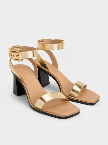 Metallic Leather Ankle-Strap Block-Heel Sandals, Gold, hi-res