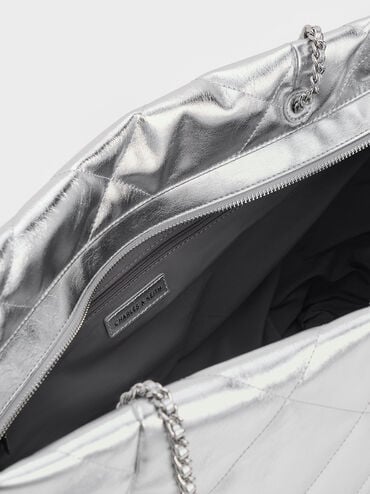 Apfra Metallic Quilted Chain-Handle Tote Bag, Silver, hi-res