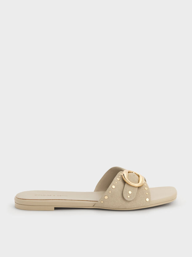 Studded Buckled Slide Sandals, Beige, hi-res