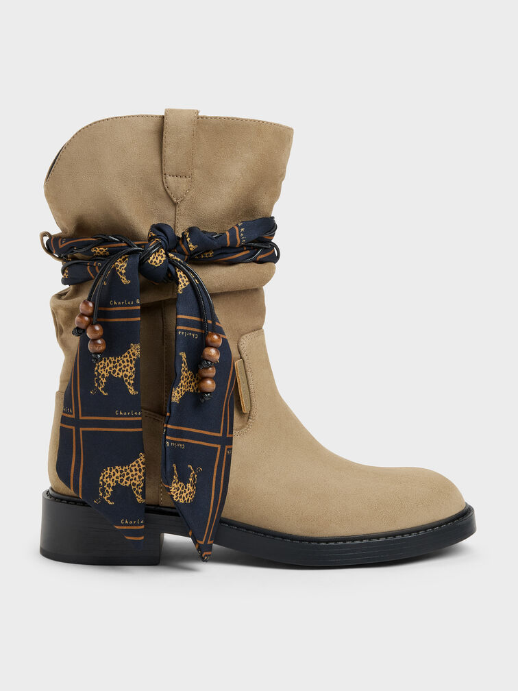 Faux Suede Printed-Scarf Calf Boots, Khaki, hi-res