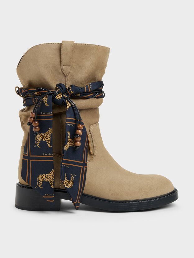Faux Suede Printed-Scarf Calf Boots, Khaki, hi-res