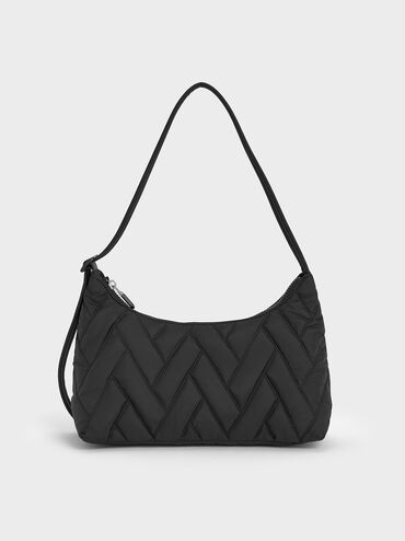 Nylon Chevron Shoulder Bag, Jet Black, hi-res