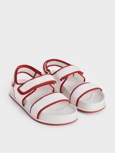 Mesh Contrast-Trim Double-Strap Slingback Sandals, Red, hi-res