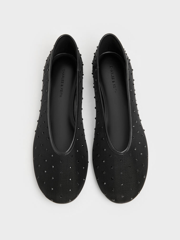 Mesh Crystal Ballet Flats, Black Textured, hi-res
