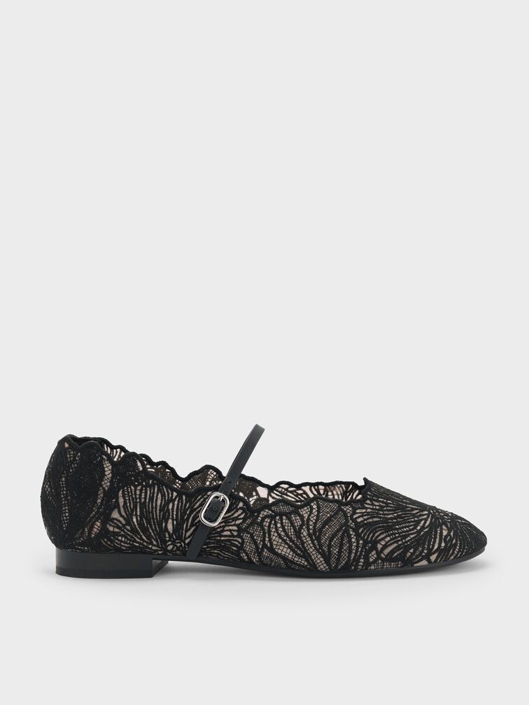Meja Floral Mary Jane Flats, Black Textured, hi-res