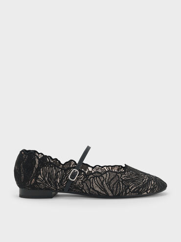 Meja Floral Mary Jane Flats, Black Textured, hi-res