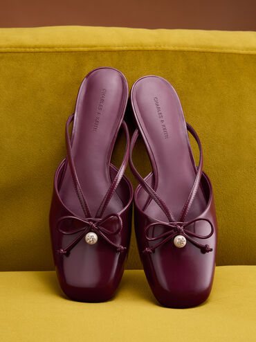 Pearl-Accent Bow Flat Mules, Burgundy, hi-res