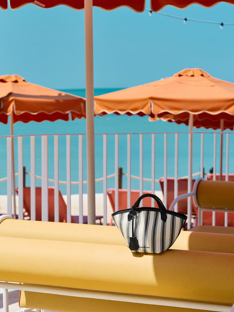 Mini Ivanna Canvas Striped Tote Bag, Noir, hi-res