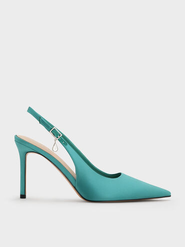 Satin Teardrop-Crystal Stiletto-Heel Slingback Pumps, Teal, hi-res