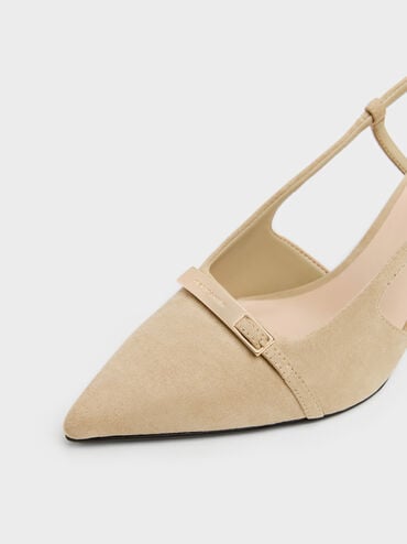 Faux Suede Metallic-Bar Pointed Slingback Pumps, Beige, hi-res