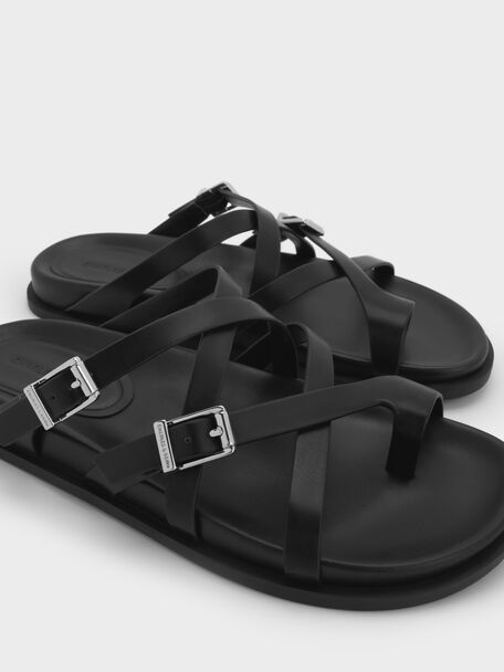 Crossover Toe-Ring Sandals, Black, hi-res