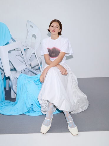 Bow Slingback Mary Jane Flats, White, hi-res