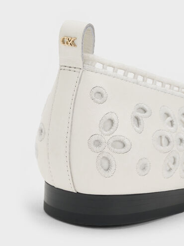 Leather Embroidered Ballet Flats, White, hi-res