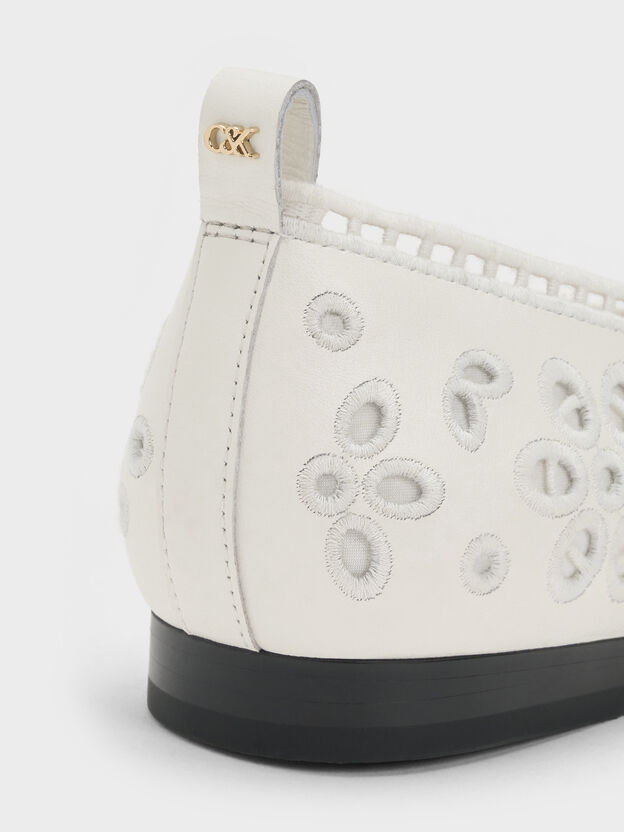 Leather Embroidered Ballet Flats, White, hi-res