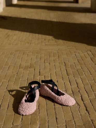 Margot Furry Crossover-Strap Ballet Flats, Pink, hi-res