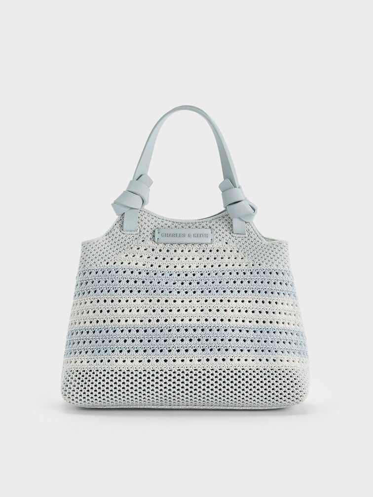 Ida Checkered Knotted Handle Tote Bag​, Sea Salt Blue, hi-res