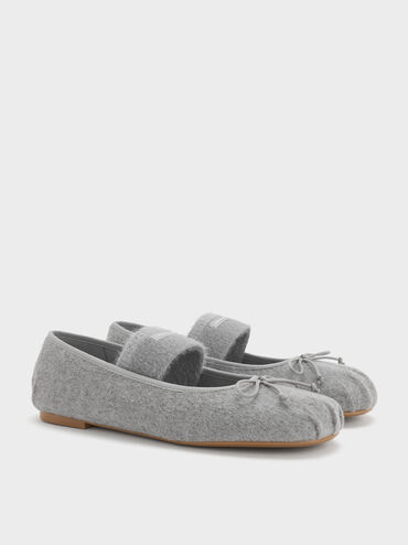 Winona Felt Bow Furry-Strap Mary Jane Flats, Light Grey, hi-res