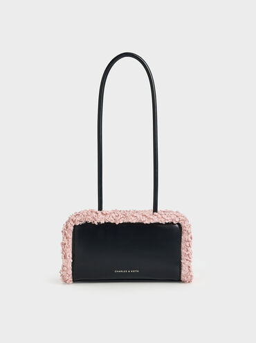 Fur-Trim Elongated-Handle Shoulder Bag, Pink, hi-res