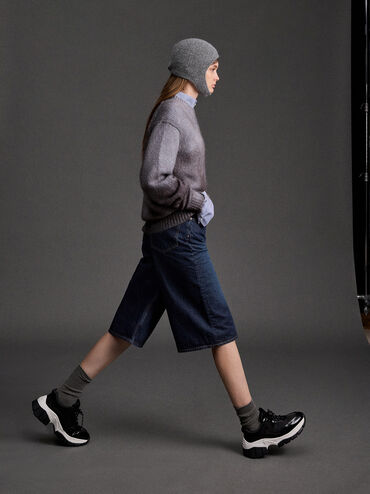 Yunna Leather & Recycled Fabric Chunky Sneakers, Black, hi-res