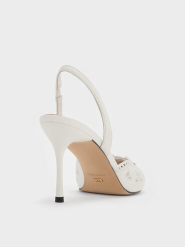 Leather Embroidered Pointed Slingback Pumps, White, hi-res