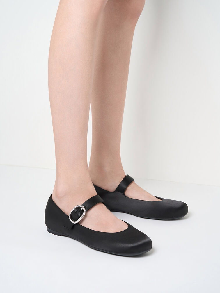 Jannie Satin Crystal-Buckle Mary Janes, Black Textured, hi-res
