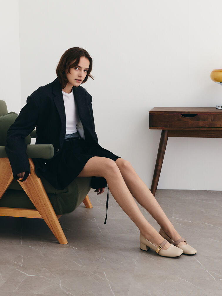 Lando Two-Tone Metallic-Buckle Mary Jane Pumps, Chalk, hi-res