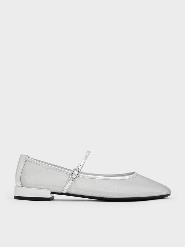 Gertrude Embroidered-Mesh Mary Janes, Silver, hi-res