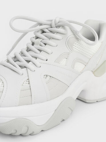 Mesh Contrast-Trim Chunky Sneakers, White, hi-res