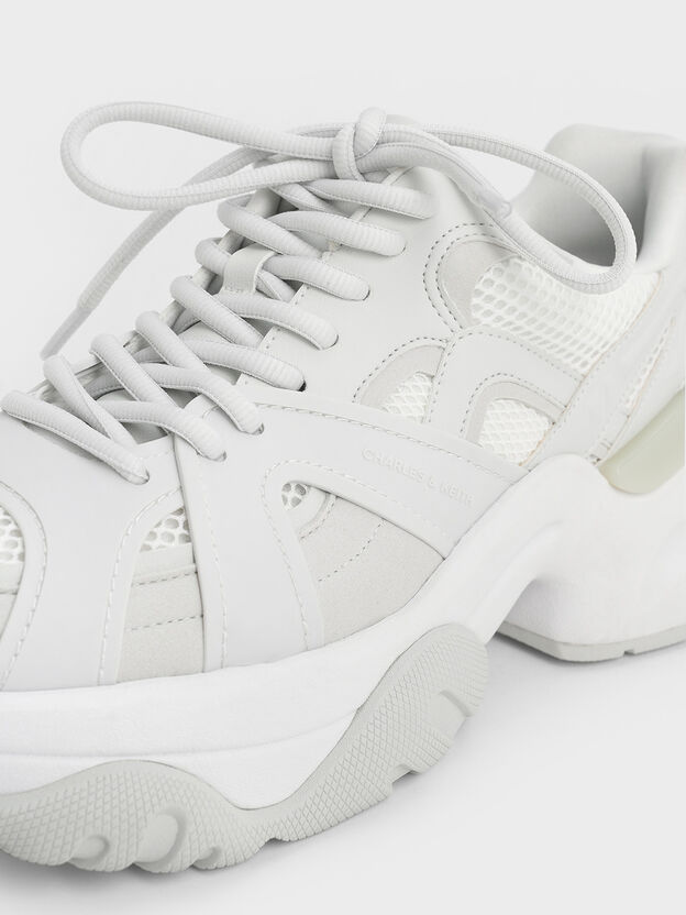 Mesh Contrast-Trim Chunky Sneakers, White, hi-res