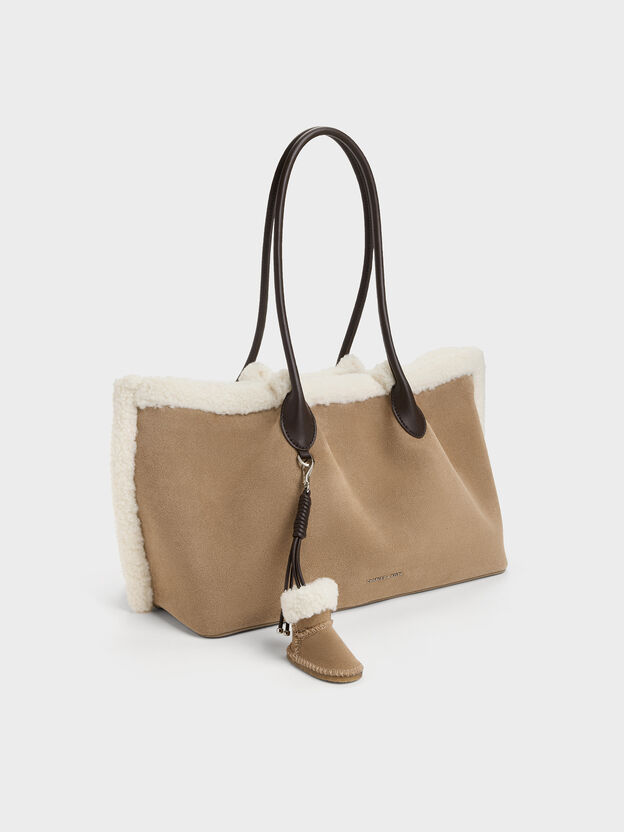 XL Cosima Fur-Trim Tote Bag, Sand, hi-res