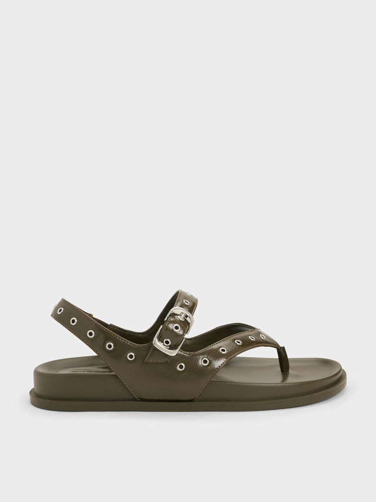 Grommet Thong Slingback Sandals, Olive, hi-res